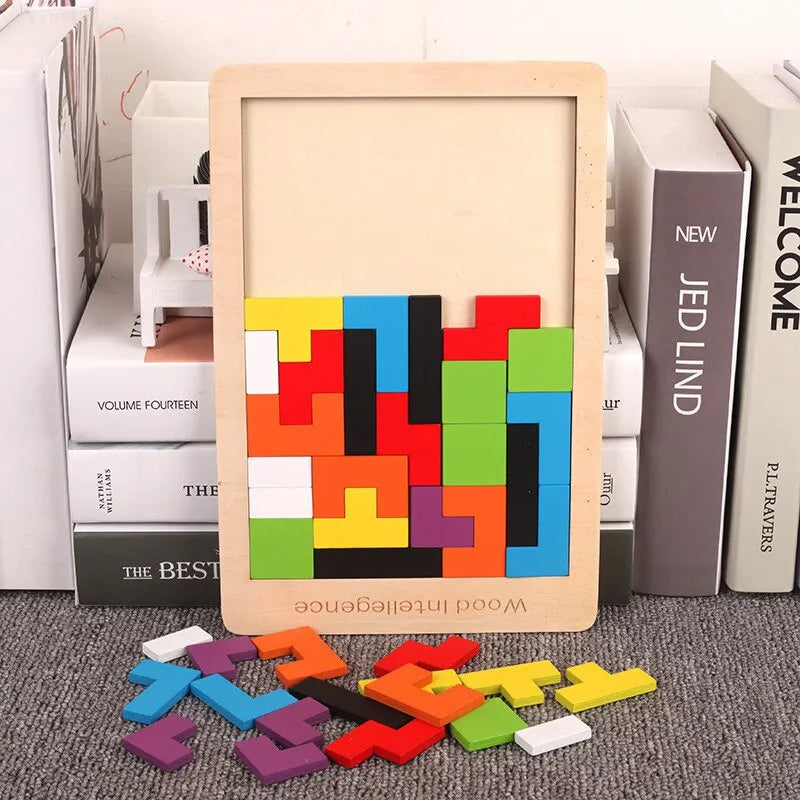 Wooden Tangram Puzzle Blocks Montessori 3D Russian Brain Teaser Toy Colorful Educational Jigsaw for Kids Ages 3-12