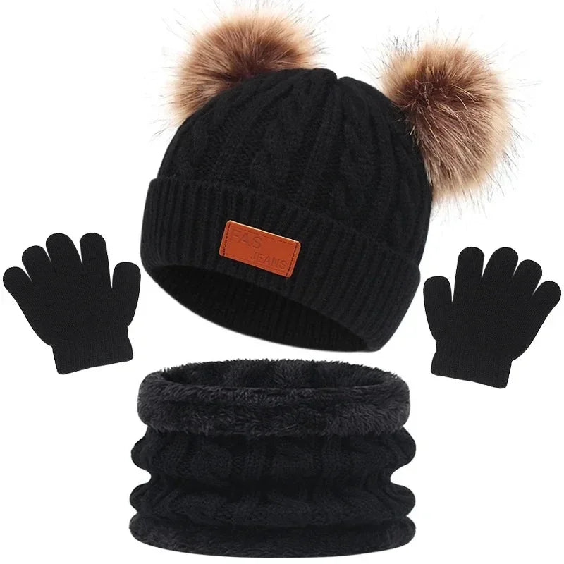 Baby Winter Hat, Scarf & Gloves Set – Knitted Beanie with Fur Ball, Soft Kids Cap for Boys & Girls, Cozy Toddler Winter Accessories (1-5Y)