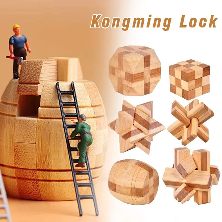 Kong Ming Lock 3D Wooden Brain Teaser Puzzle Interlocking Burr IQ Game for Adults & Kids