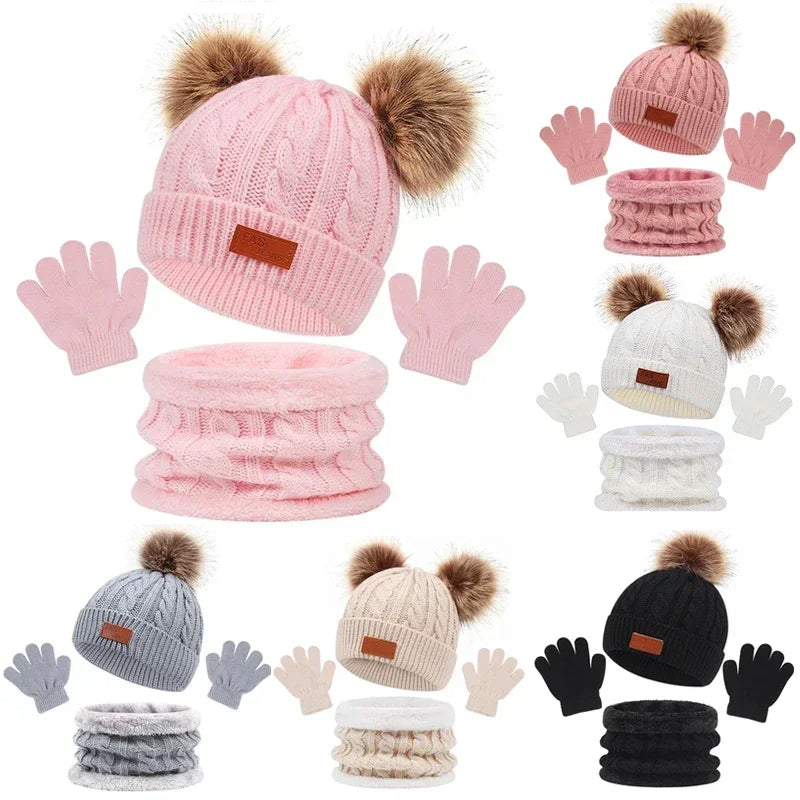 Baby Winter Hat, Scarf & Gloves Set – Knitted Beanie with Fur Ball, Soft Kids Cap for Boys & Girls, Cozy Toddler Winter Accessories (1-5Y)