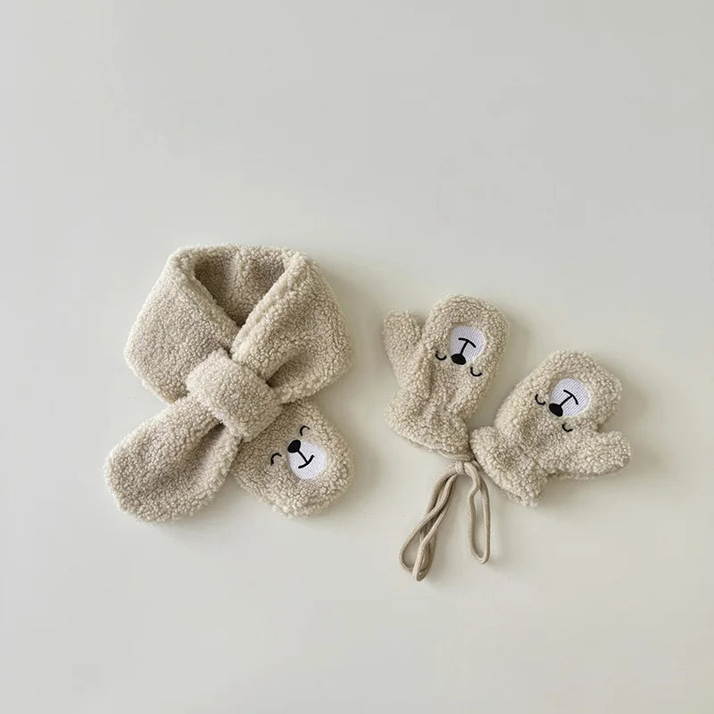 Winter Baby Scarf & Glove Set – Polar Fleece Cartoon Bear Scarf & Plush Mittens for Boys & Girls (2-5Y) – Cute Kids Winter Accessories