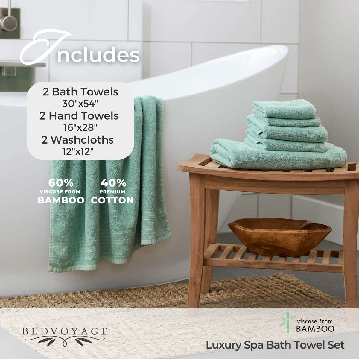 Quick-Drying Bamboo Spa Towel Set - Viscose from Bamboo + Cotton - 6pc - Seaglass