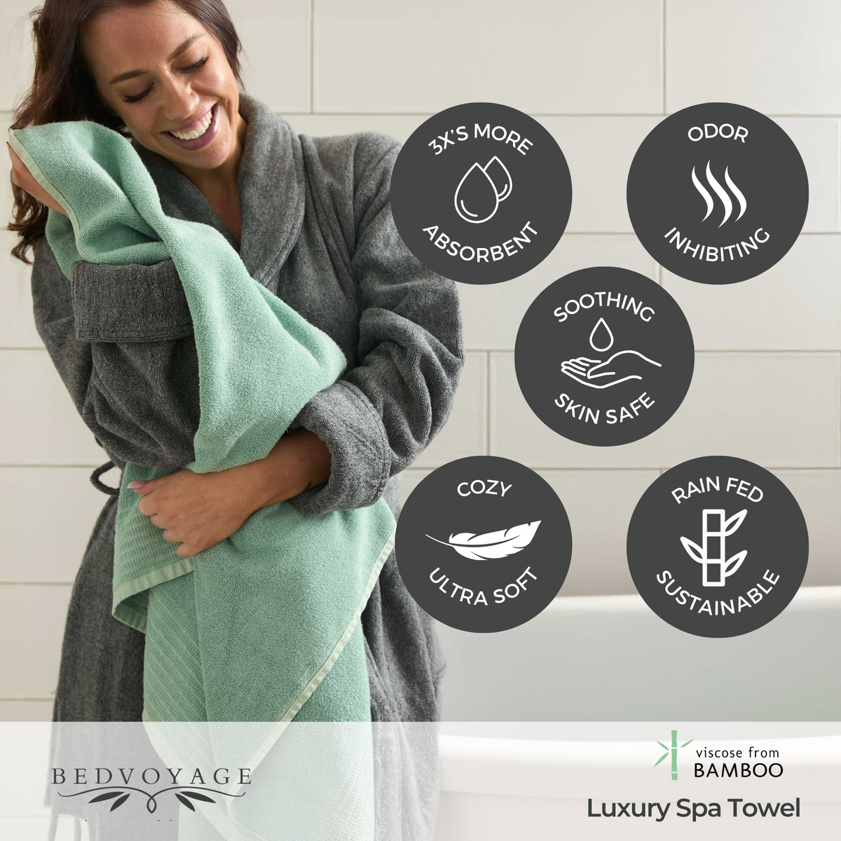 Quick-Drying Bamboo Spa Towel Set - Viscose from Bamboo + Cotton - 6pc - Seaglass