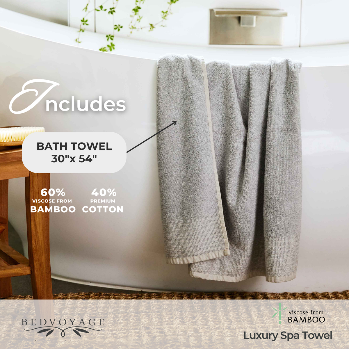 Quick-Drying Bamboo Spa Towel Set - Viscose from Bamboo + Cotton - 6pc - Stone
