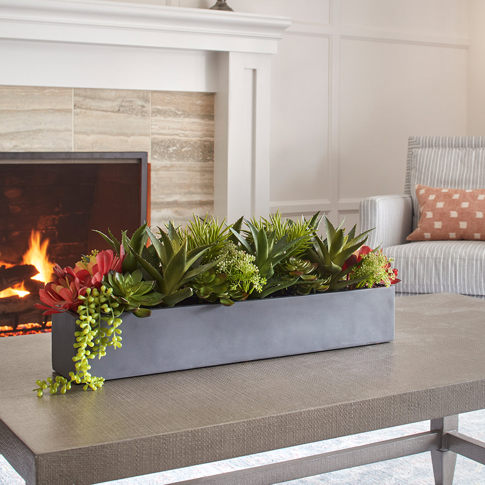 Rectangular Artificial Succulent Arrangement, Gray Planter