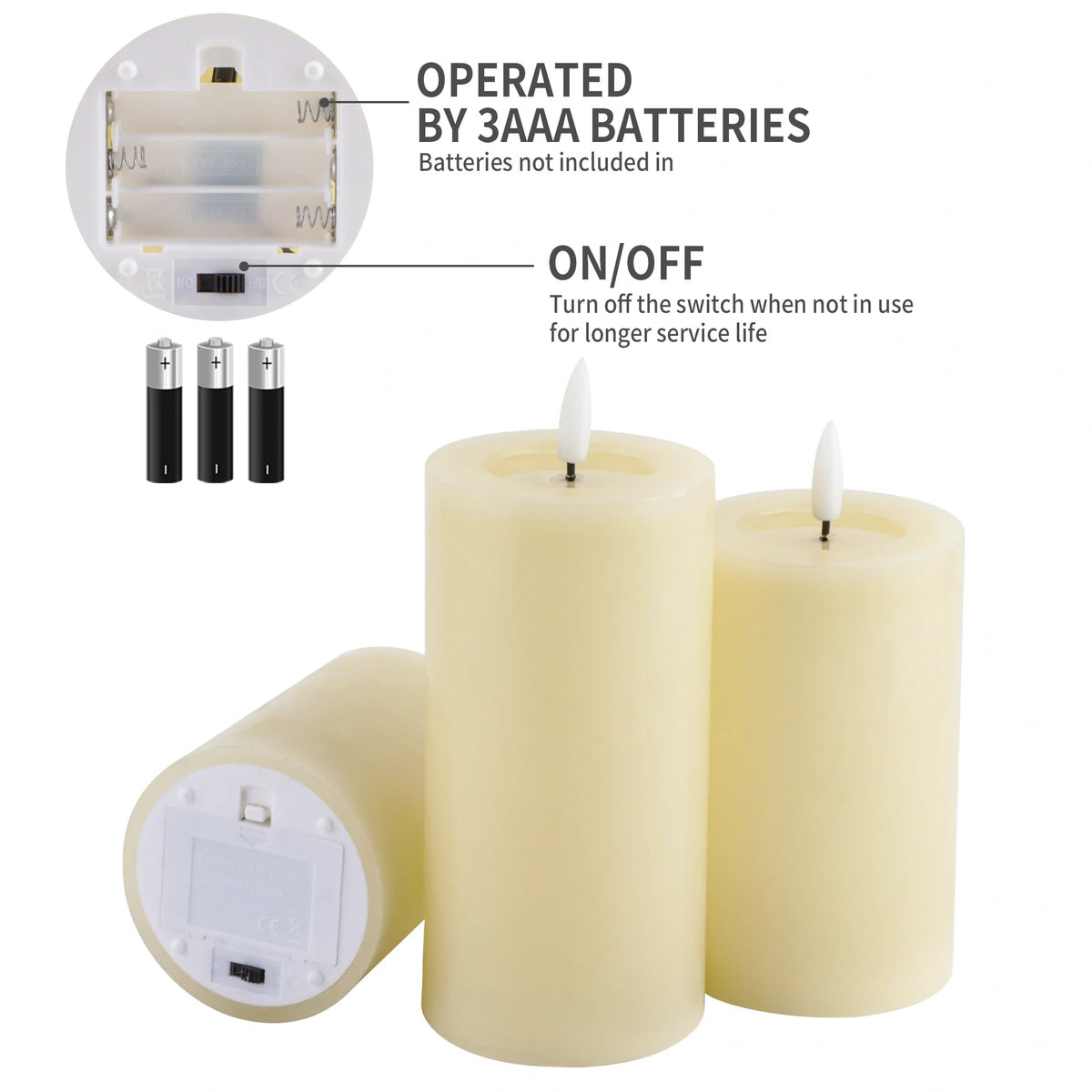 Set of 3 Flickering Flameless Candles Battery Operated