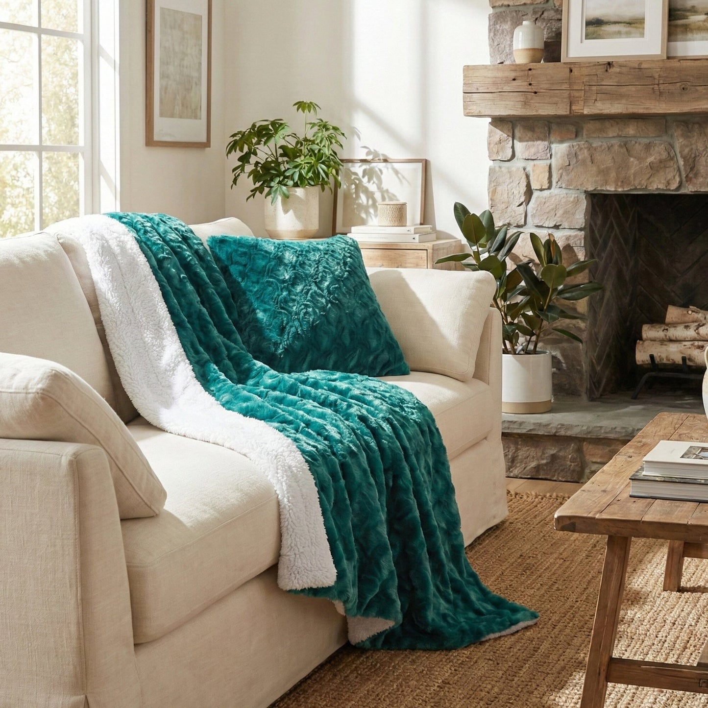 DaDa Bedding Emerald Green Blue Faux Fur Pillow Cover