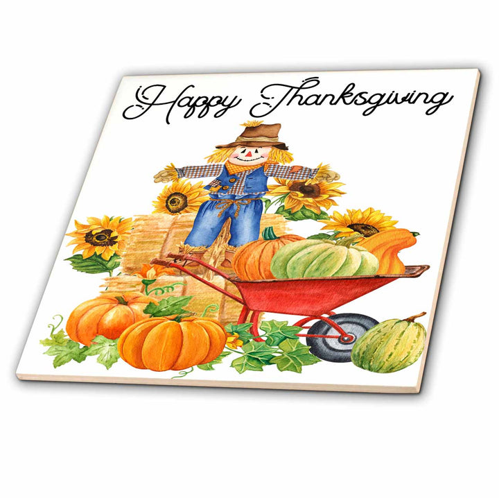 3dRose Happy Thanksgiving with A Scarecrow and Wheelbarrow of Pumpkins - Tiles (ct-369948)