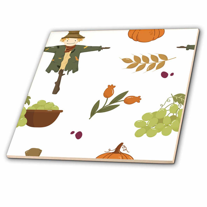 3dRose Cute Scarecrow, Flowers, Grapes, Pumpkins Pattern - Tiles (ct-370256)