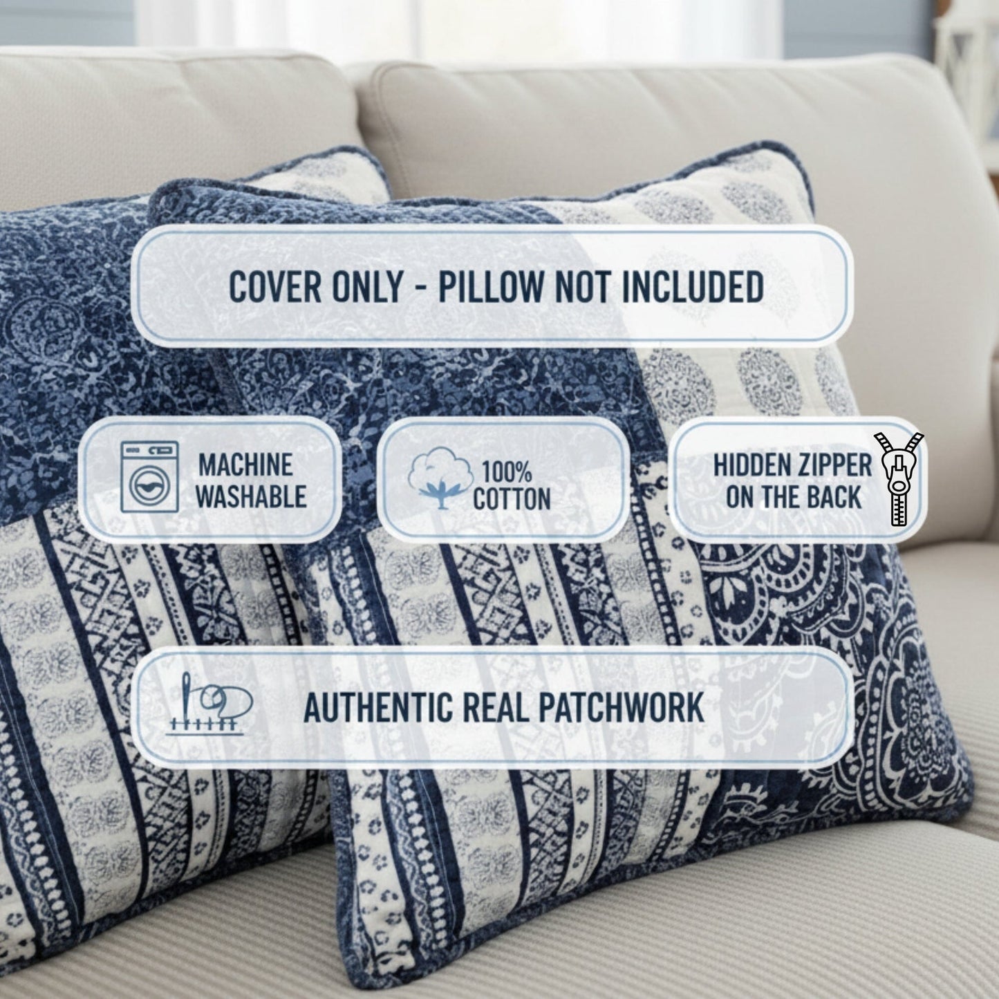 DaDa Bedding Set of 2-Pieces Bohemian Denim Blue Elegance Throw Pillow Covers - 18” x 18" (JHW660)