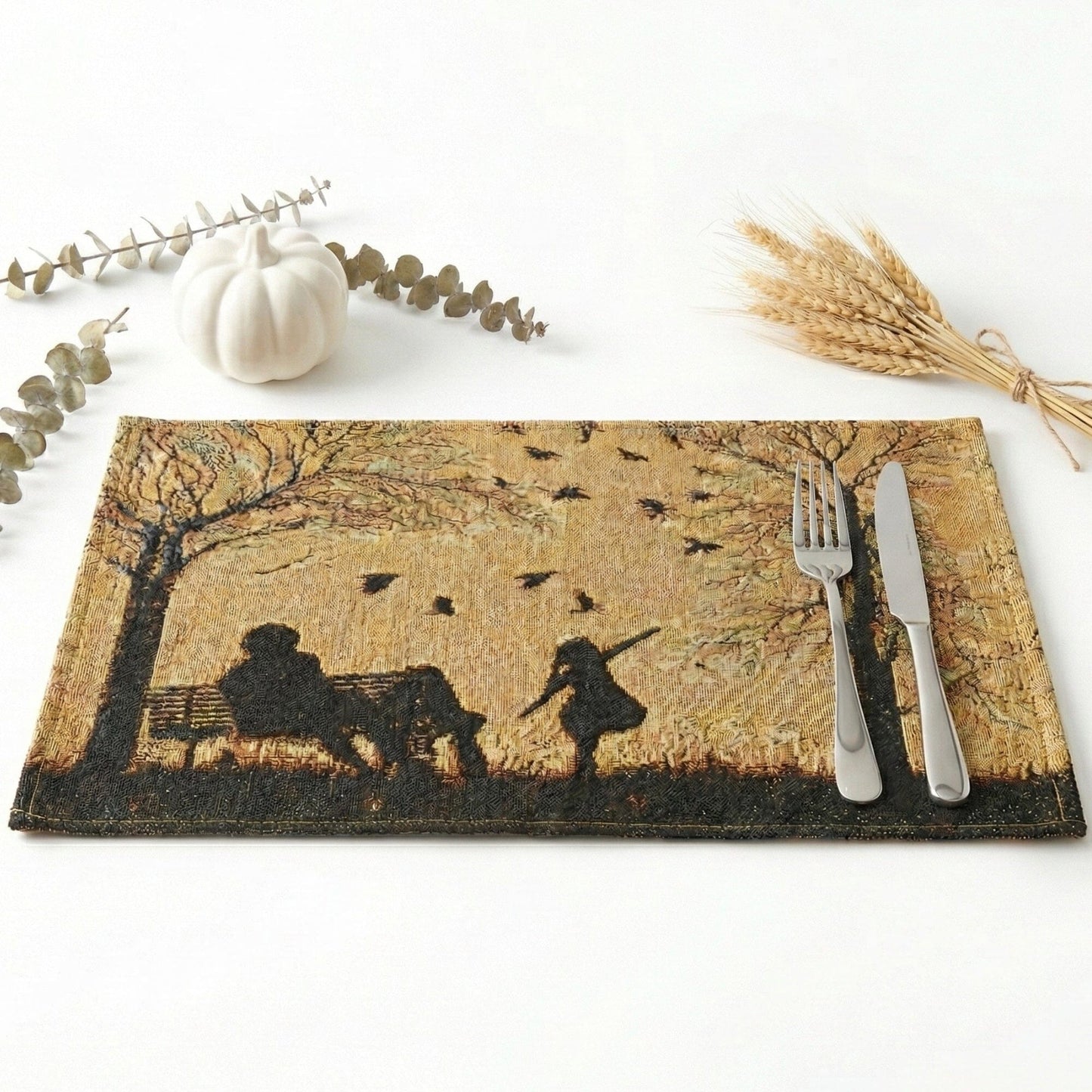 DaDalogy Bedding Set of 4 Pieces Autumn Birds Blessing Tapestry Dining Placemats 13” x 19” (Thanksgiving)