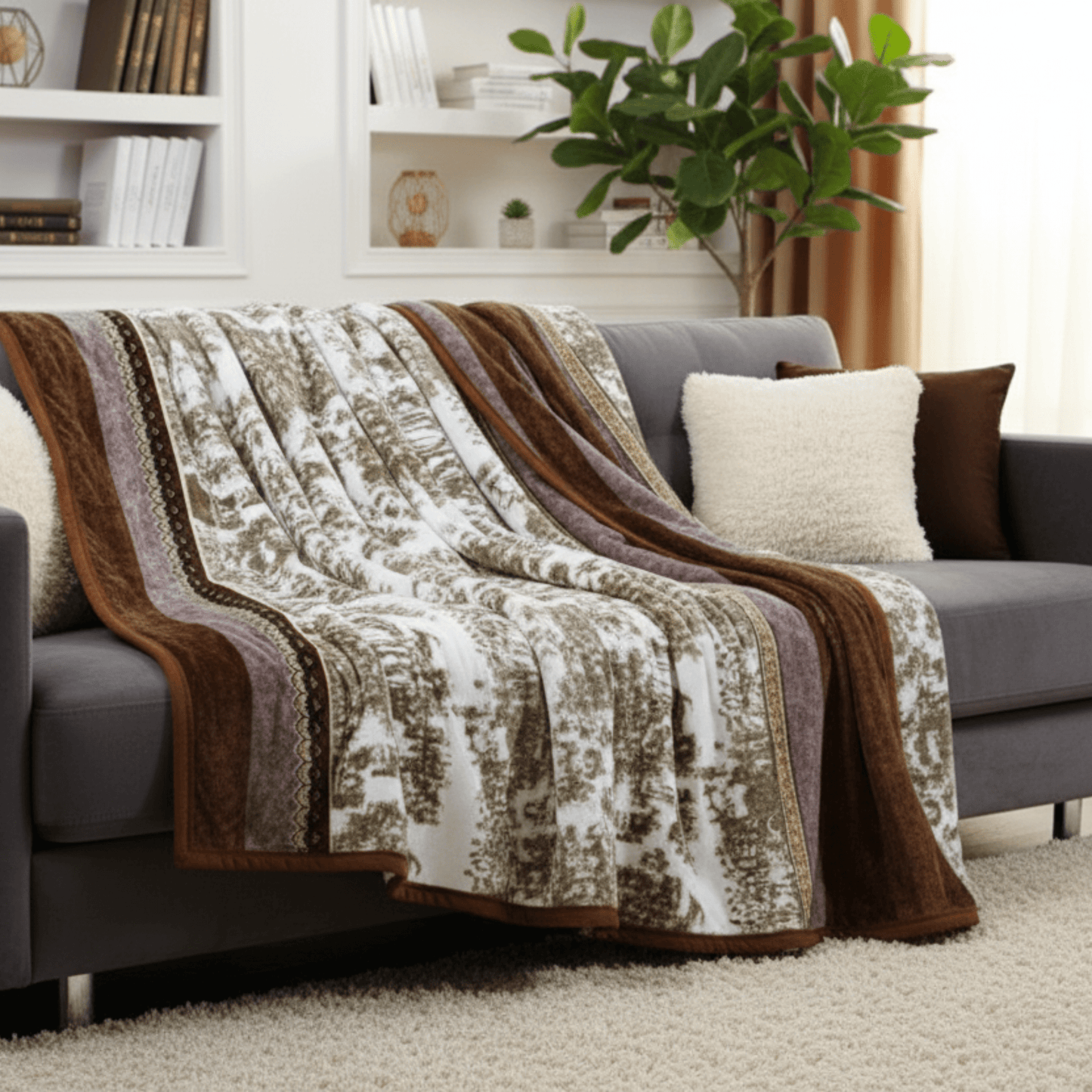DaDa Bedding Elegant Twilight Lavender Brown Floral Flannel Mink Fleece Throw Blanket (XY9879)