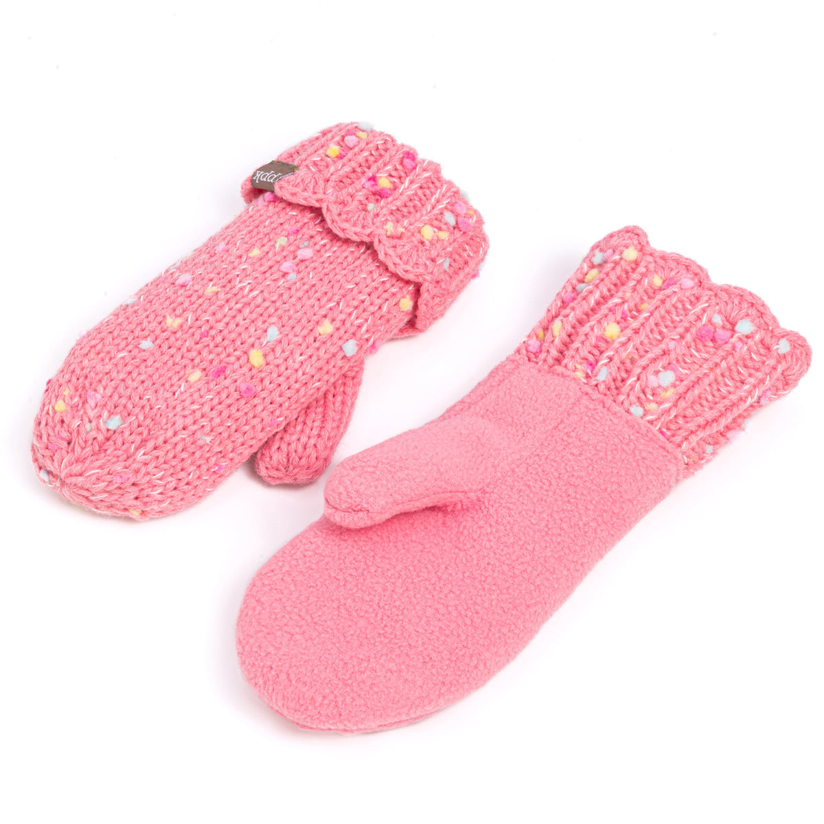 Girls Fun Speckled Knit Mittens with Scalloped Lace Cuff, for Kids All Ages 1-12 Years, Fleece-lined
