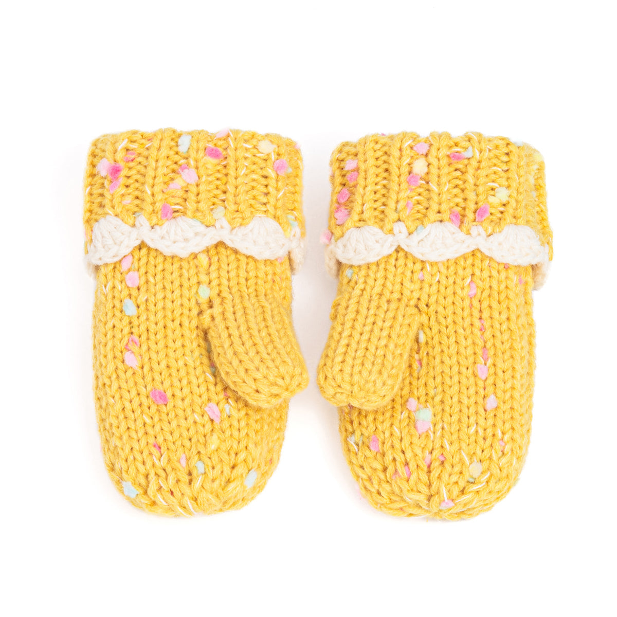 Girls Fun Speckled Knit Mittens with Scalloped Lace Cuff, for Kids All Ages 1-12 Years, Fleece-lined