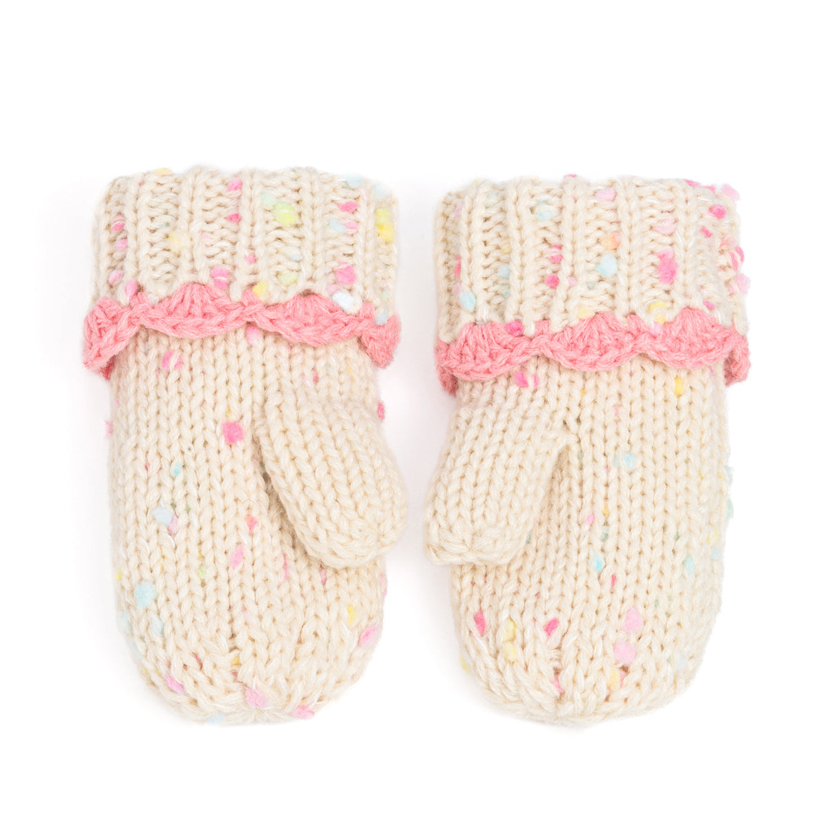 Girls Fun Speckled Knit Mittens with Scalloped Lace Cuff, for Kids All Ages 1-12 Years, Fleece-lined