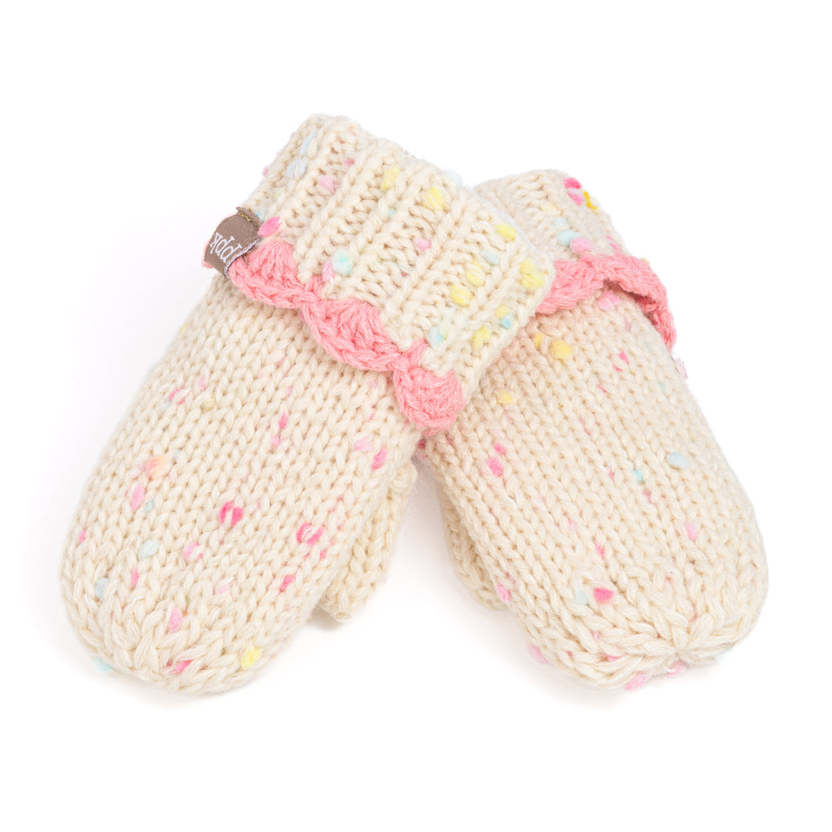Girls Fun Speckled Knit Mittens with Scalloped Lace Cuff, for Kids All Ages 1-12 Years, Fleece-lined