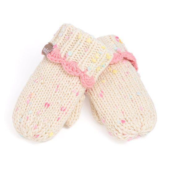 Girls Fun Speckled Knit Mittens with Scalloped Lace Cuff, for Kids All Ages 1-12 Years, Fleece-lined