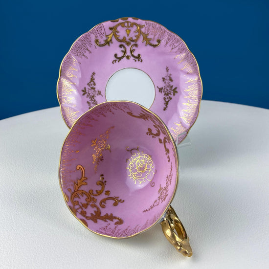 Vintage Pink Tea Cups and Saucers with  Gold Accents. Set of 2 Cups. Different Motifs. Hand Painted Fruit. Gift for Couple. Tea Lovers.