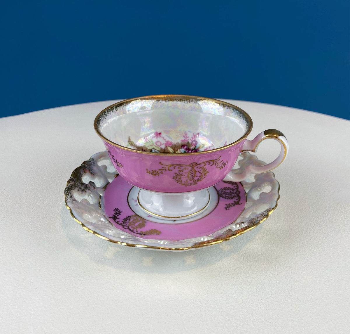 Vintage Pink Tea Cups and Saucers with  Gold Accents. Set of 2 Cups. Different Motifs. Hand Painted Fruit. Gift for Couple. Tea Lovers.