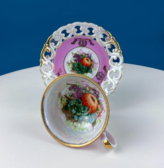 Vintage Pink Tea Cups and Saucers with  Gold Accents. Set of 2 Cups. Different Motifs. Hand Painted Fruit. Gift for Couple. Tea Lovers.