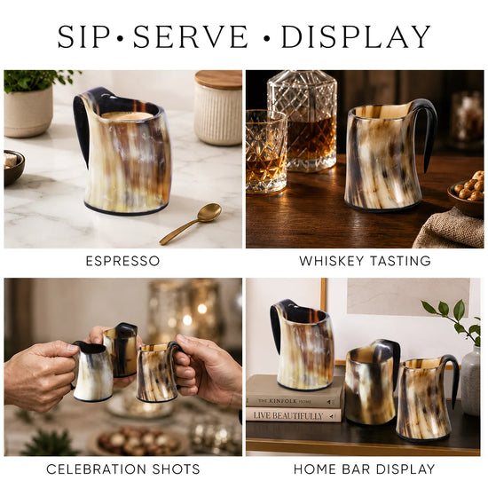 Buffalo Horn Whiskey Shot Glasses Mug Set of 3, Holds 4–5 oz