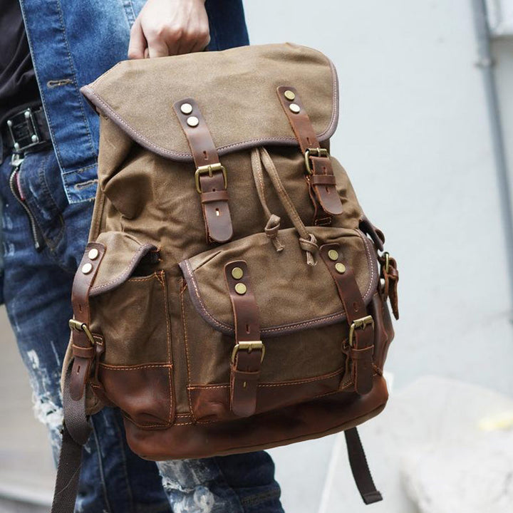 Waxed Canvas Leather Travel Rucksack Canvas With Full Grain Leather Laptop Bag Retro Waterproof Outdoor Hiking Backpack MC9508