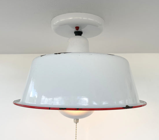 Antique FARMHOUSE WHITE ENAMEL Pan Ceiling Light