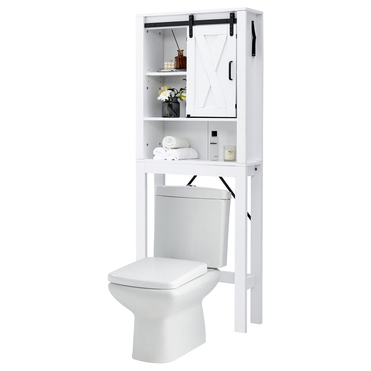 3-Tier Wodden Bathroom Cabinet with Sliding Barn Door and 3-position Adjustable Shelves-White