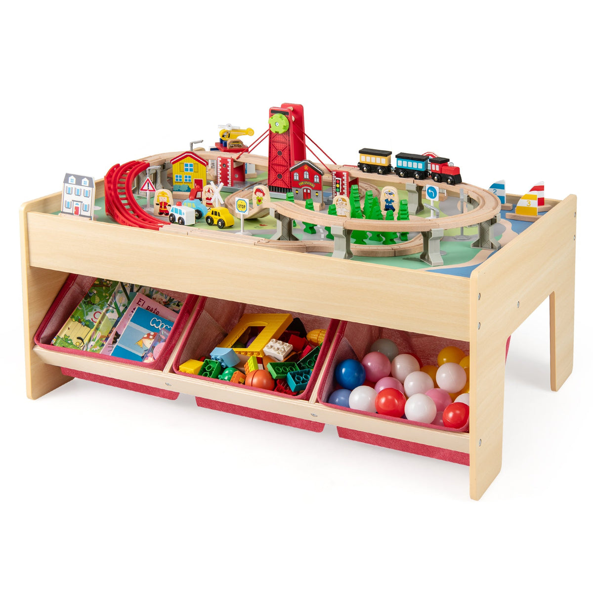 Wooden Train Set Table Kids Multipurpose Activity Play Table with 2 Reversible Tabletops-Red