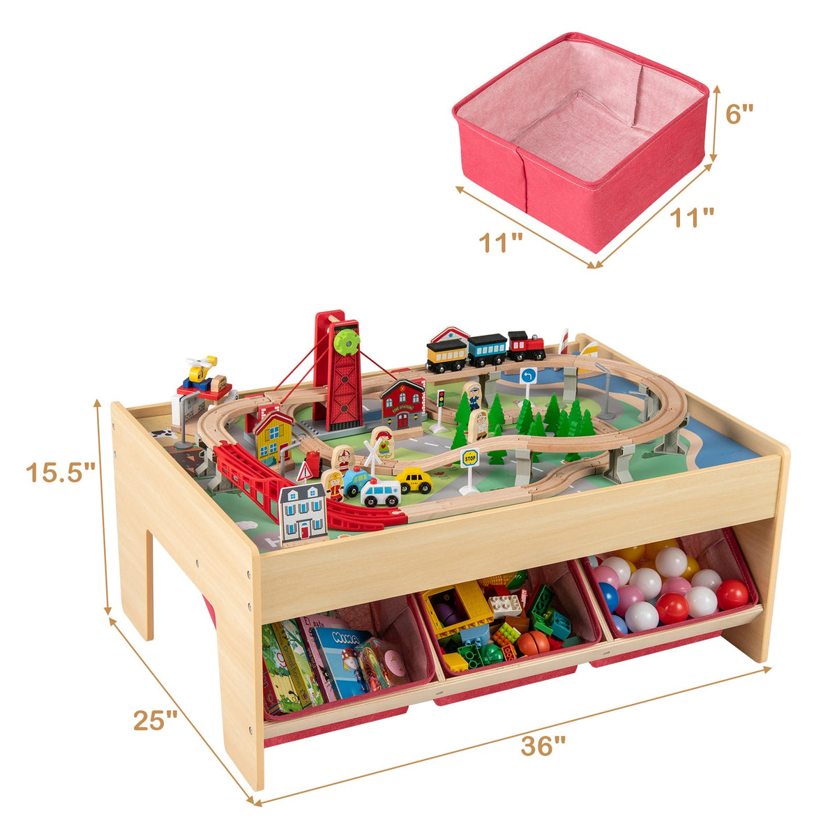 Wooden Train Set Table Kids Multipurpose Activity Play Table with 2 Reversible Tabletops-Red