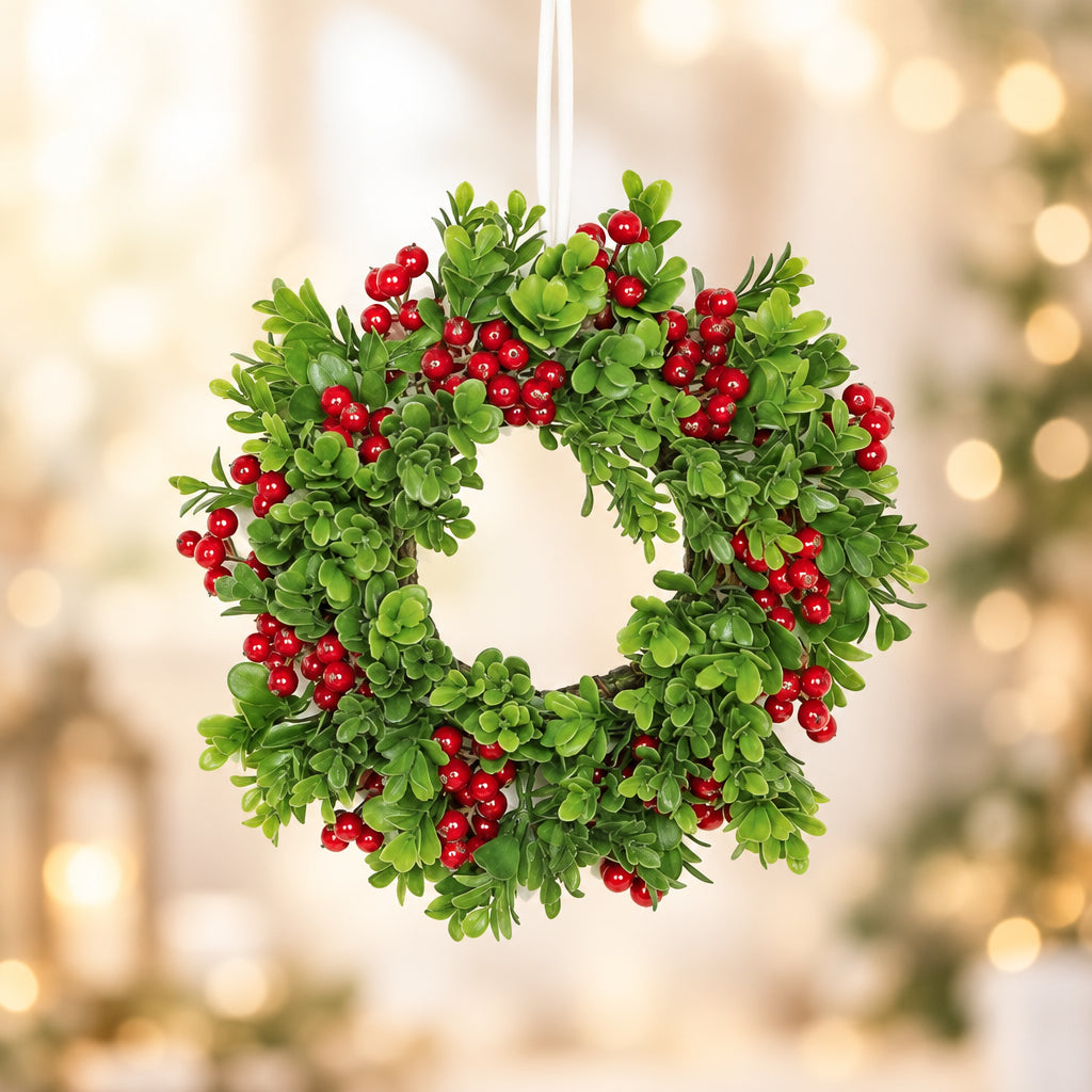 Boxwood & Red Berry Table Wreath