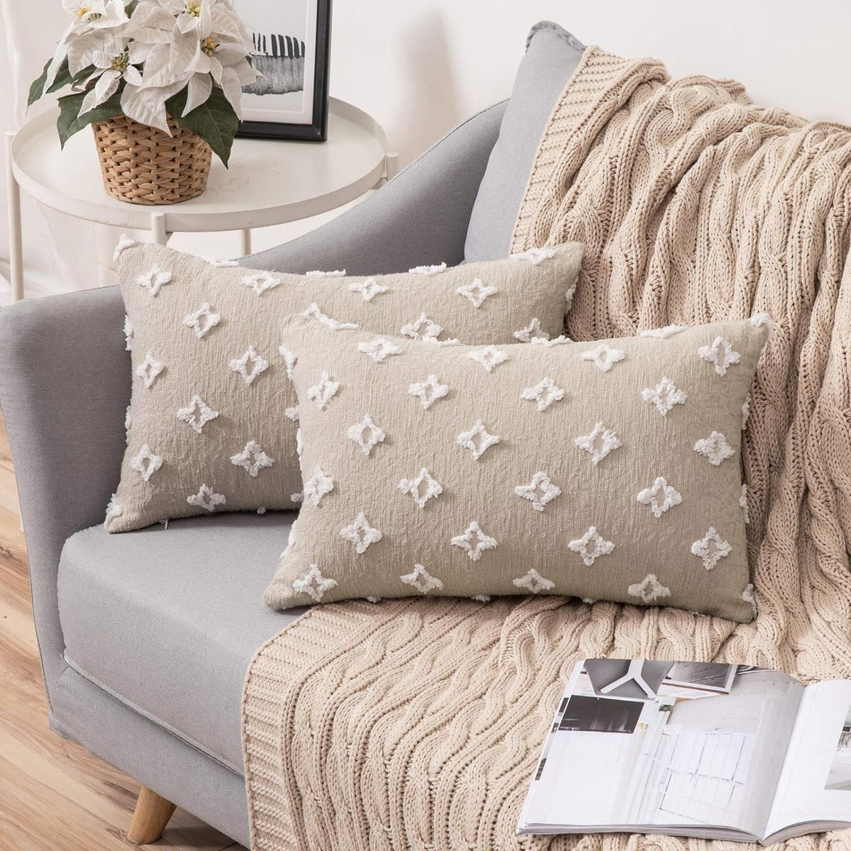 12''x20'' tufted floral lumbar support 100% cotton throw pillow | 7 colors textured daisy stitch design | boho chic lumbar & accent pillow | insert included