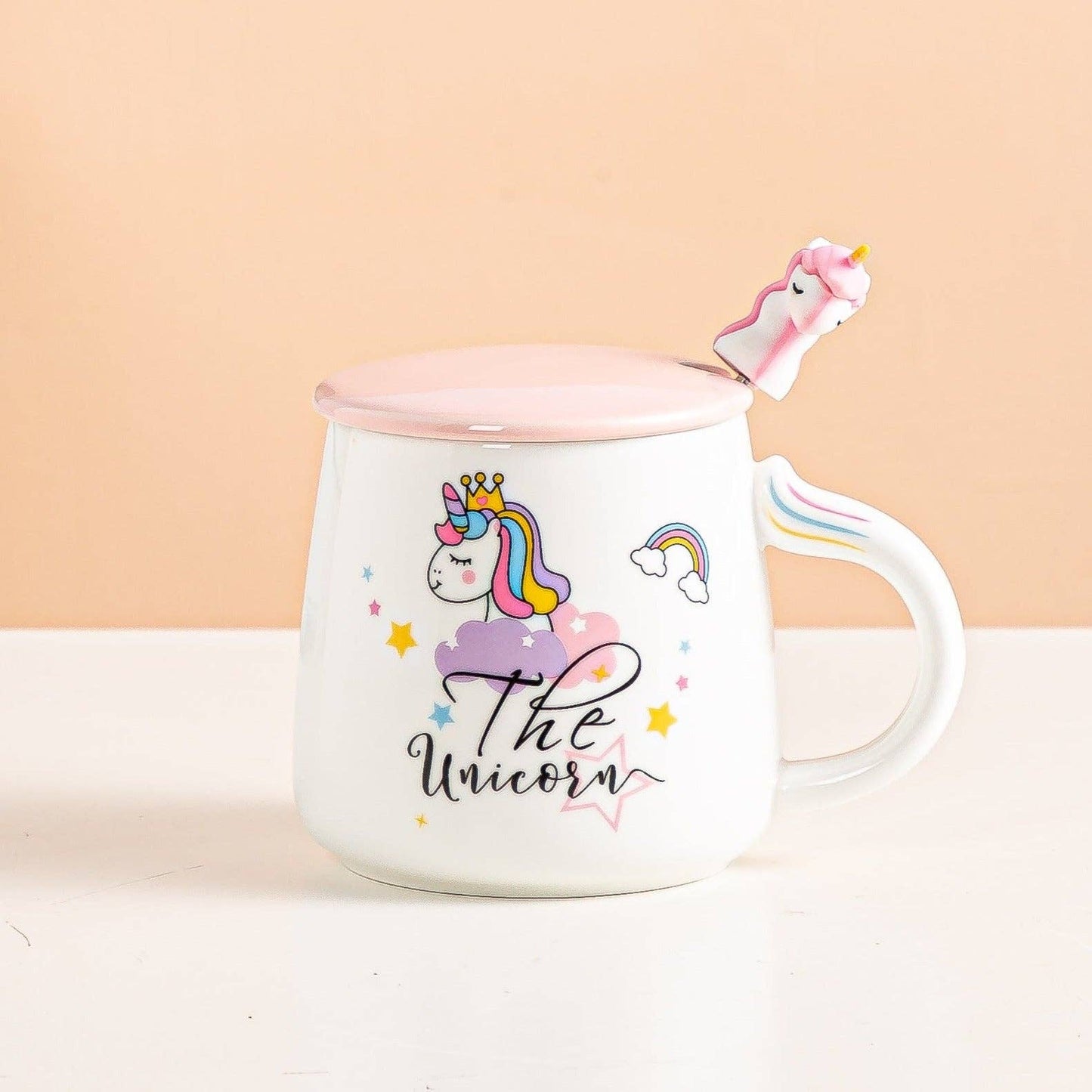 Unicorn White Mug with Pink Lid & Spoon – 14oz Stoneware Cup