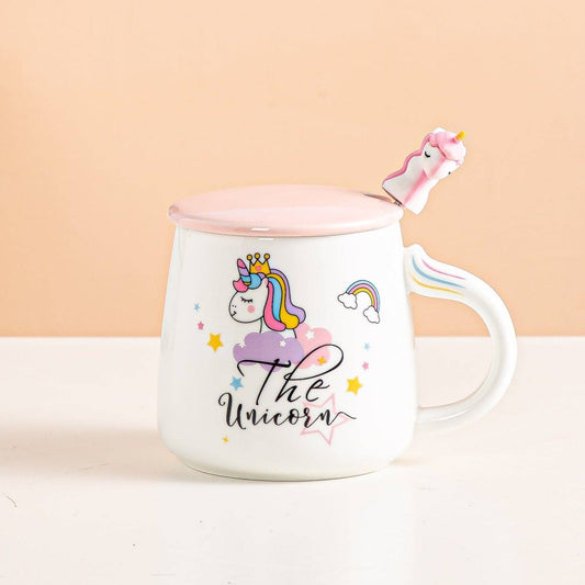 Unicorn White Mug with Pink Lid & Spoon – 14oz Stoneware Cup