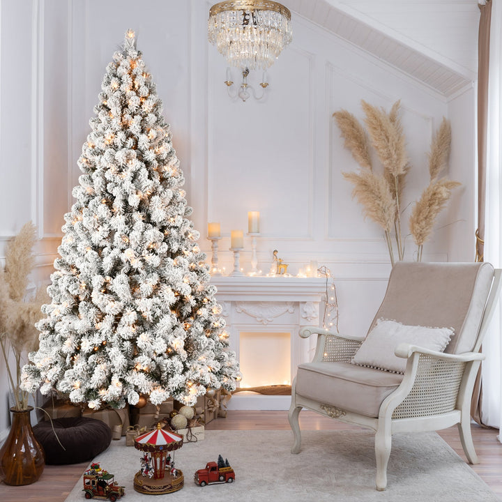 8ft Flocked Pre-Lit Christmas Tree with 500 UL Warm Lights, artificial Christmas tree for festive holiday home decor from Cedar & Spice Gifts