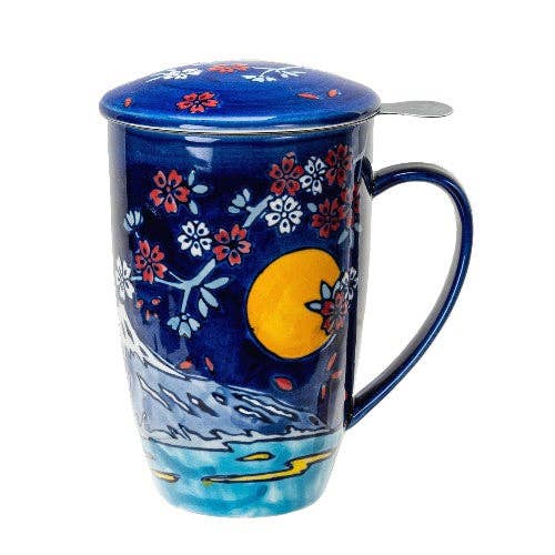 Fuji Mountain Design 15oz Tea Mugs with Lid and Infuser for Loose Leaf Tea