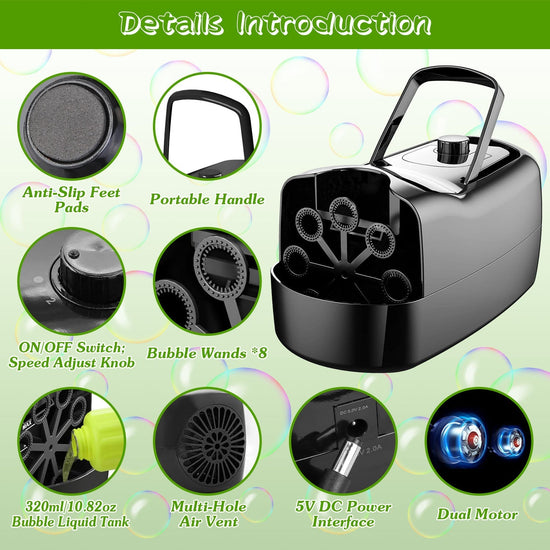 Bubble Maker Automatic Bubble Blower Portable Bubble Blowing Machine with 2 Speeds Handle 3000-4000 Bubbles Per Minute Plug-In Battery Powered