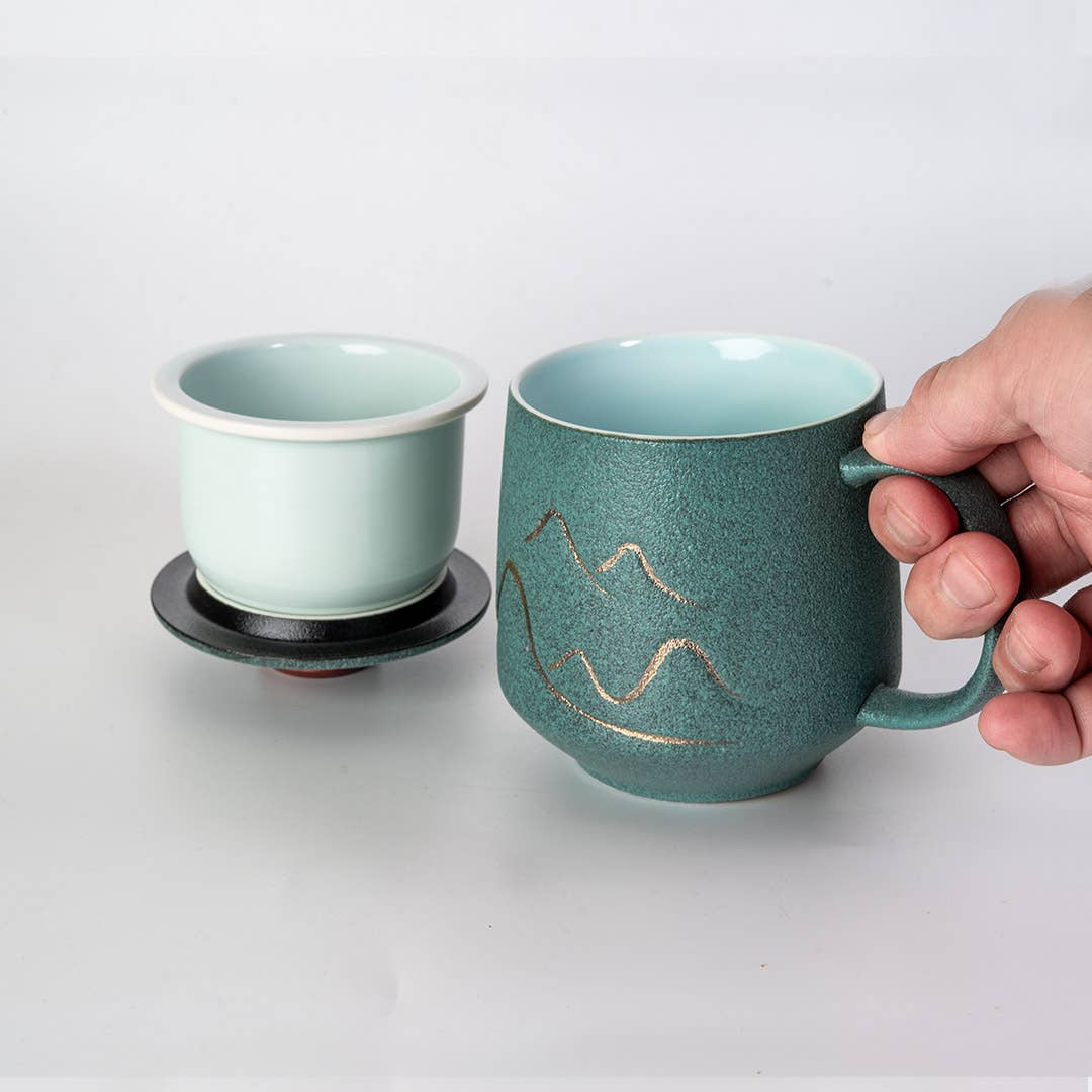 15oz Tea Mugs with Lid and Infuser for Loose Leaf Tea Mountain Design Green (4/48)