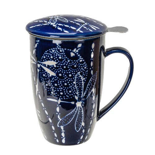 Dragonfly Tea Mug with Lid & Infuser – 15 fl.oz. Dark Blue Porcelain Cup