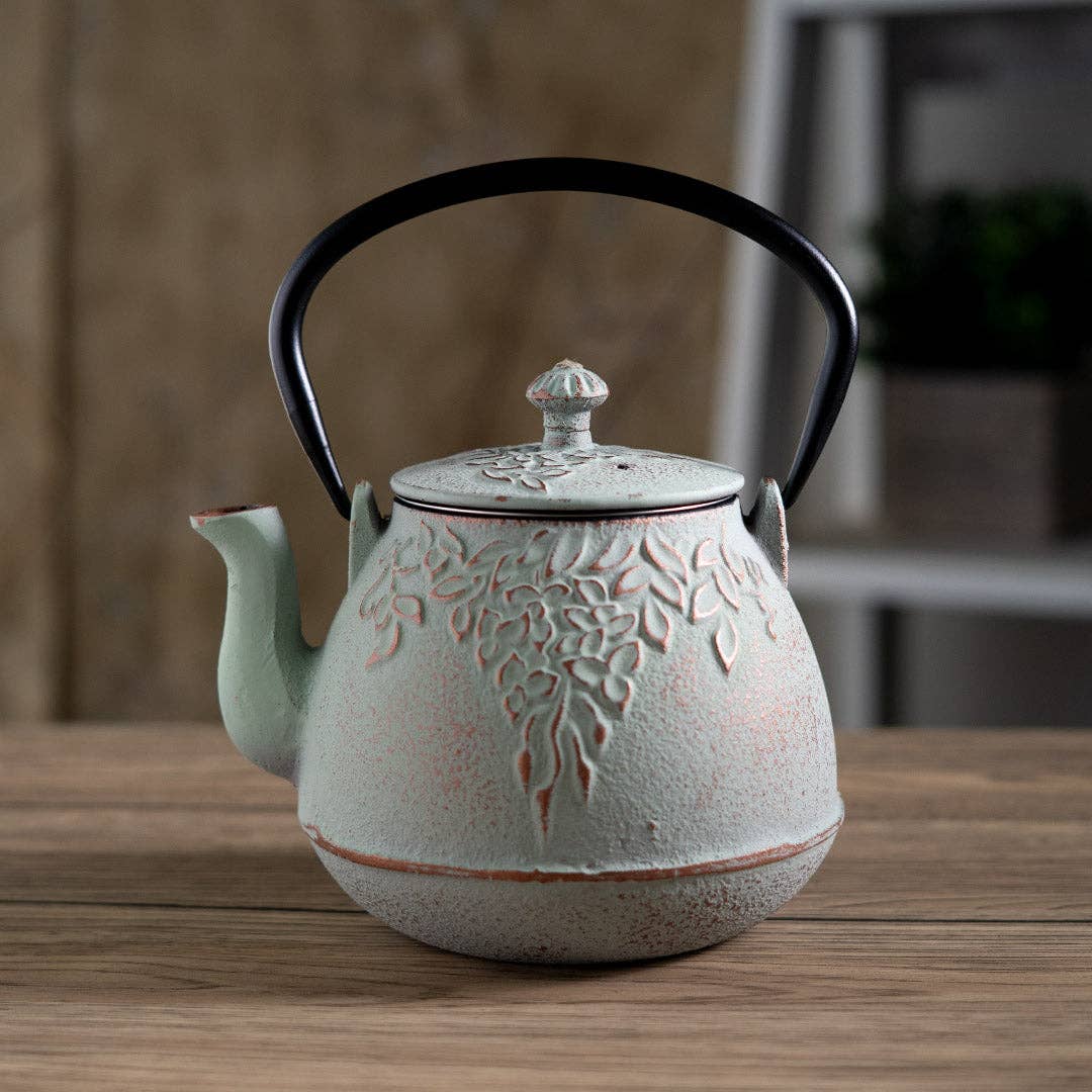 Mint Green Leaves Design 32oz Cast Iron Tea Pot (1/8)