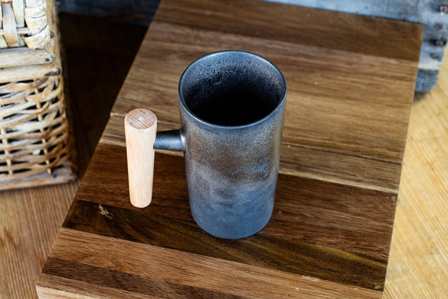Industrial Textured Mug with Wooden Handle