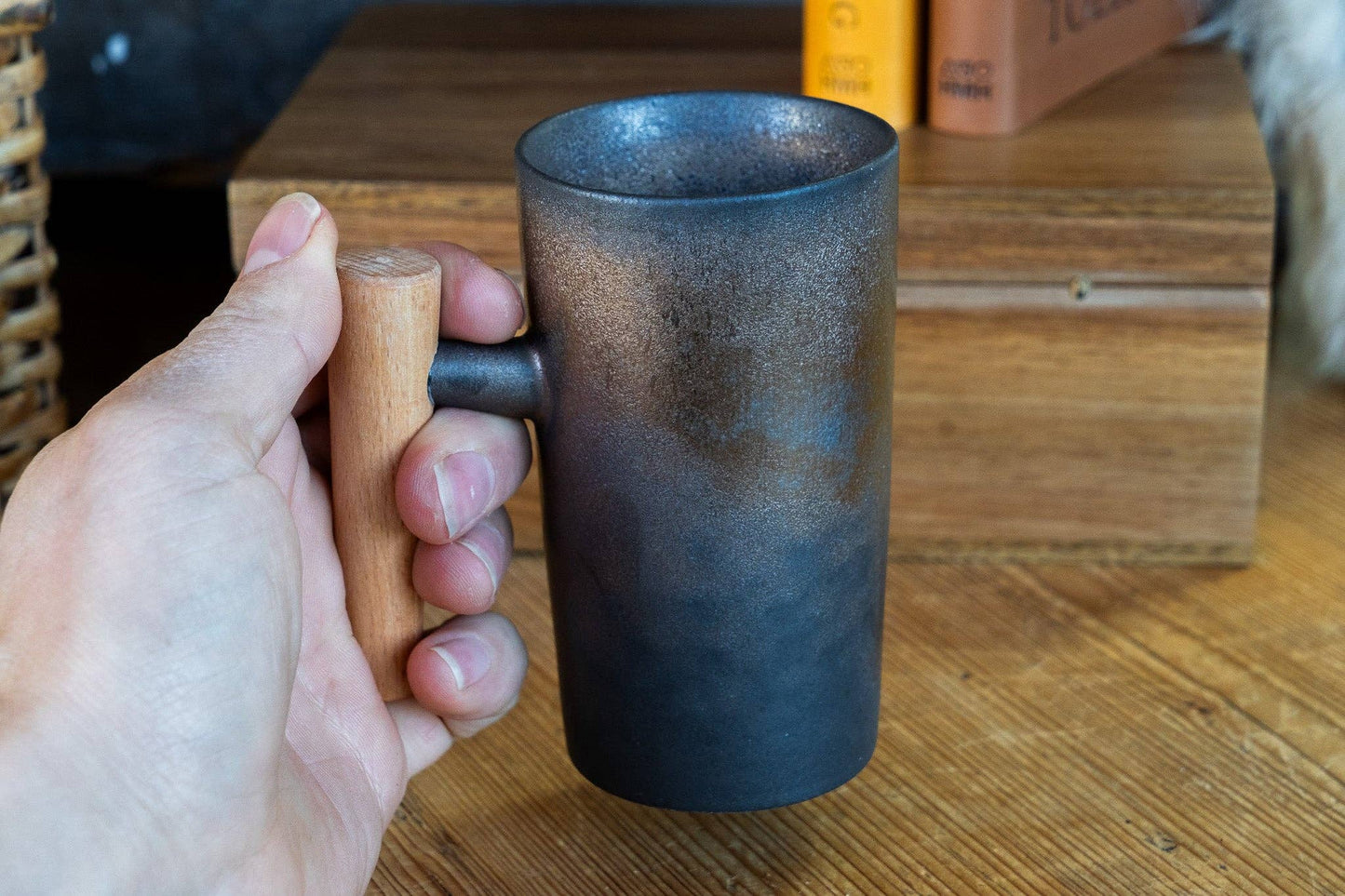 Industrial Textured Mug with Wooden Handle