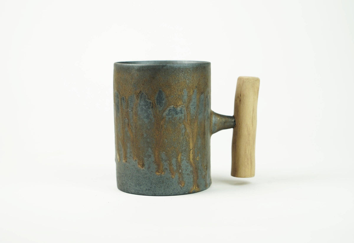 Iron Bronze Glazed Ceramic Mug with Wooden Handle