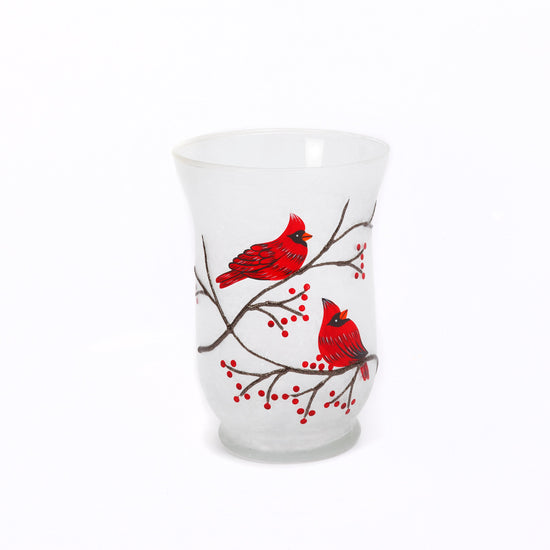 Frosted Glass Cardinal Design Hurricane Candle Holder