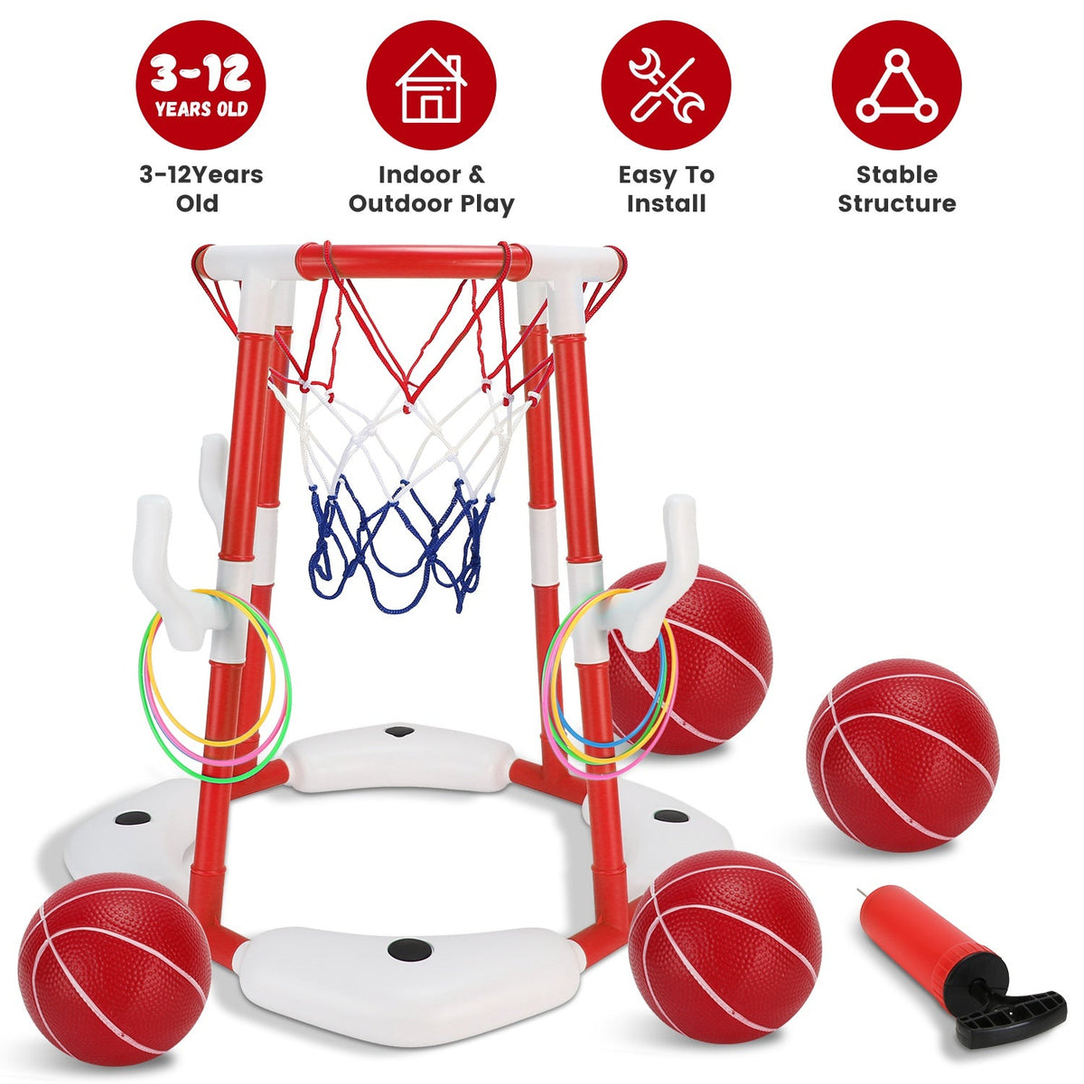 Summer Pool Basketball Hoop Toy Set With 4 Basketballs 4 Circles Pump Floating Swimming Pool Basketball Games Poolside Water Play Toy For 3-12Years Ol
