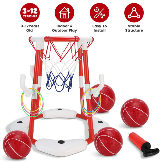 Summer Pool Basketball Hoop Toy Set With 4 Basketballs 4 Circles Pump Floating Swimming Pool Basketball Games Poolside Water Play Toy For 3-12Years Ol