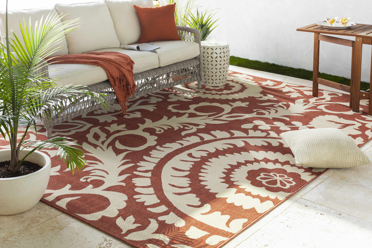 Alburnett Burnt Orange Floral Outdoor Rug - Clearance