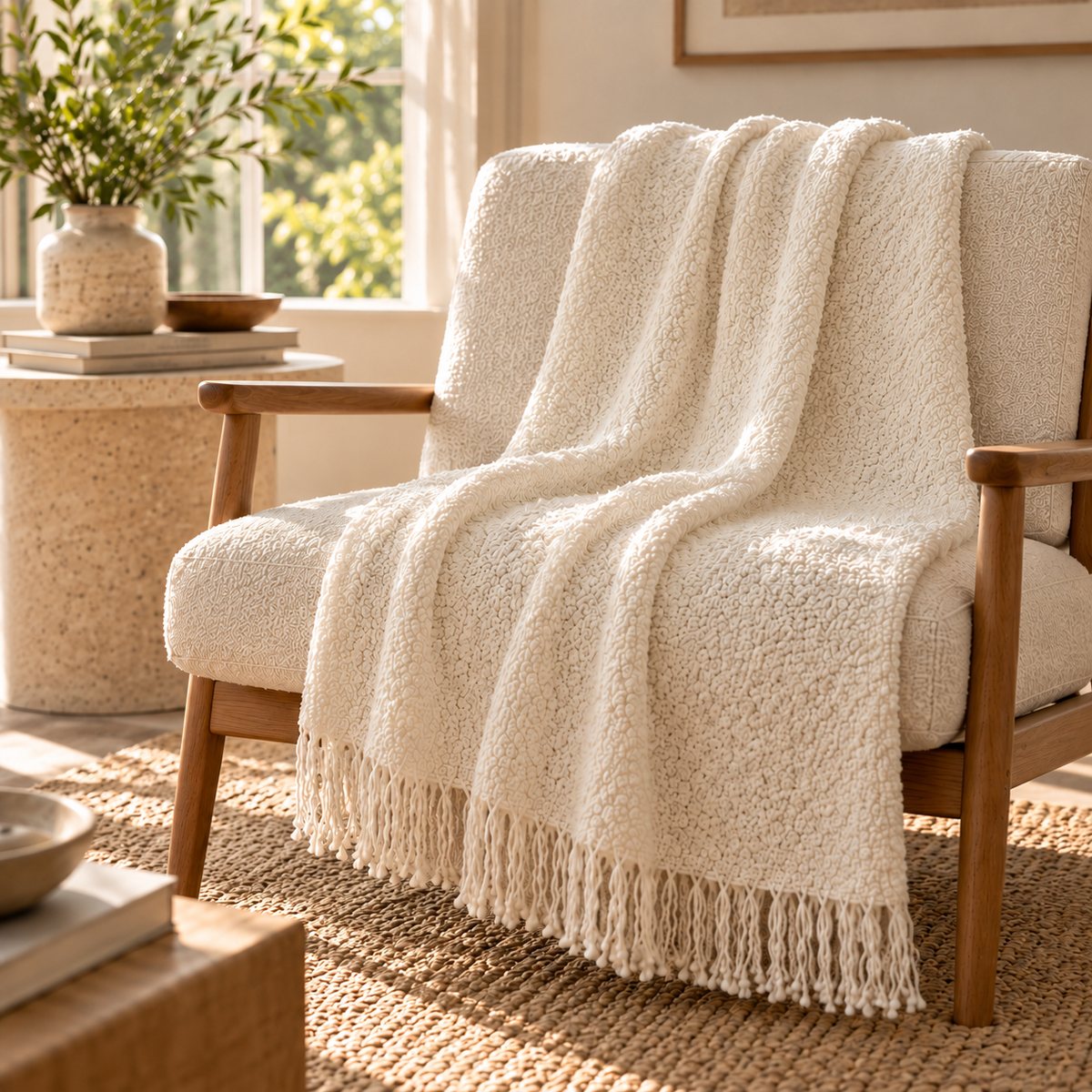 Handloomed Alpaca Bouclé Throw Blanket | Ivory | Made in Peru