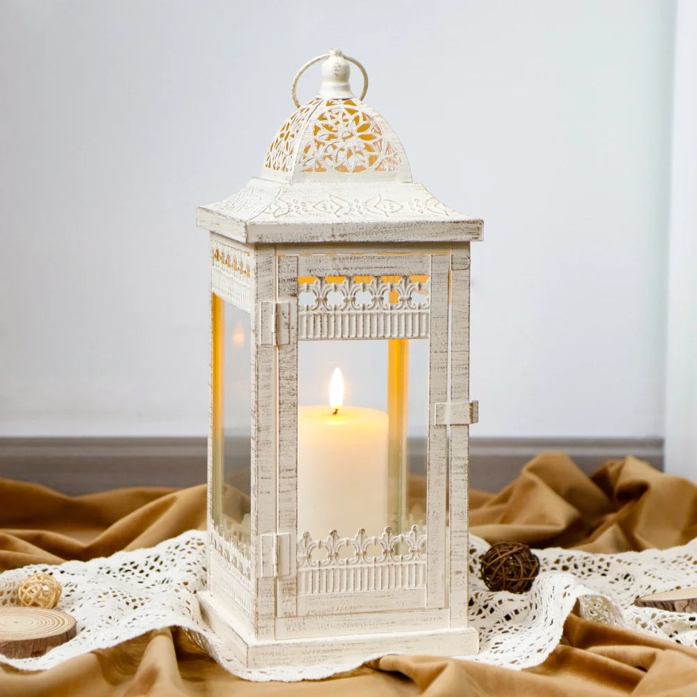 14.5" H Decorative Candle Lanterns（Beige with Gold Brush）