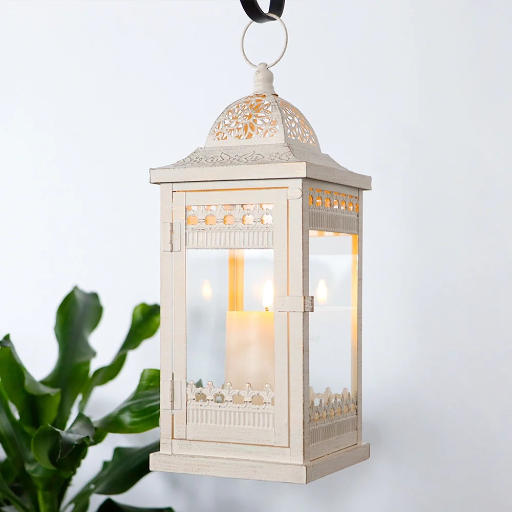 14.5" H Decorative Candle Lanterns（Beige with Gold Brush）